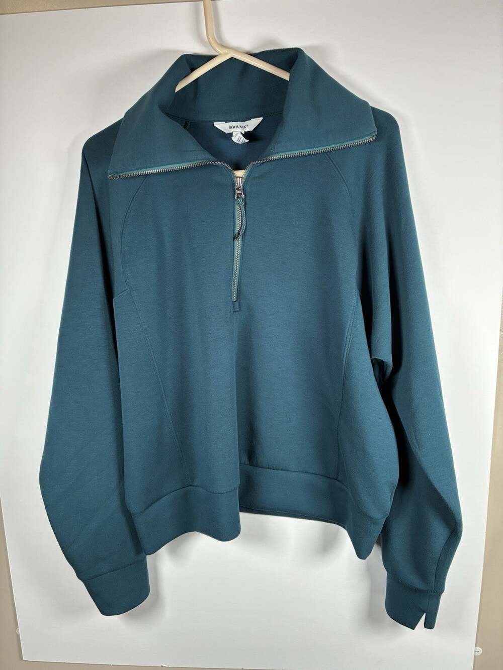 Spanx XL AirEssentials Half Zip Pullover Teal Blue Dolman Sleeve Funnel Neck